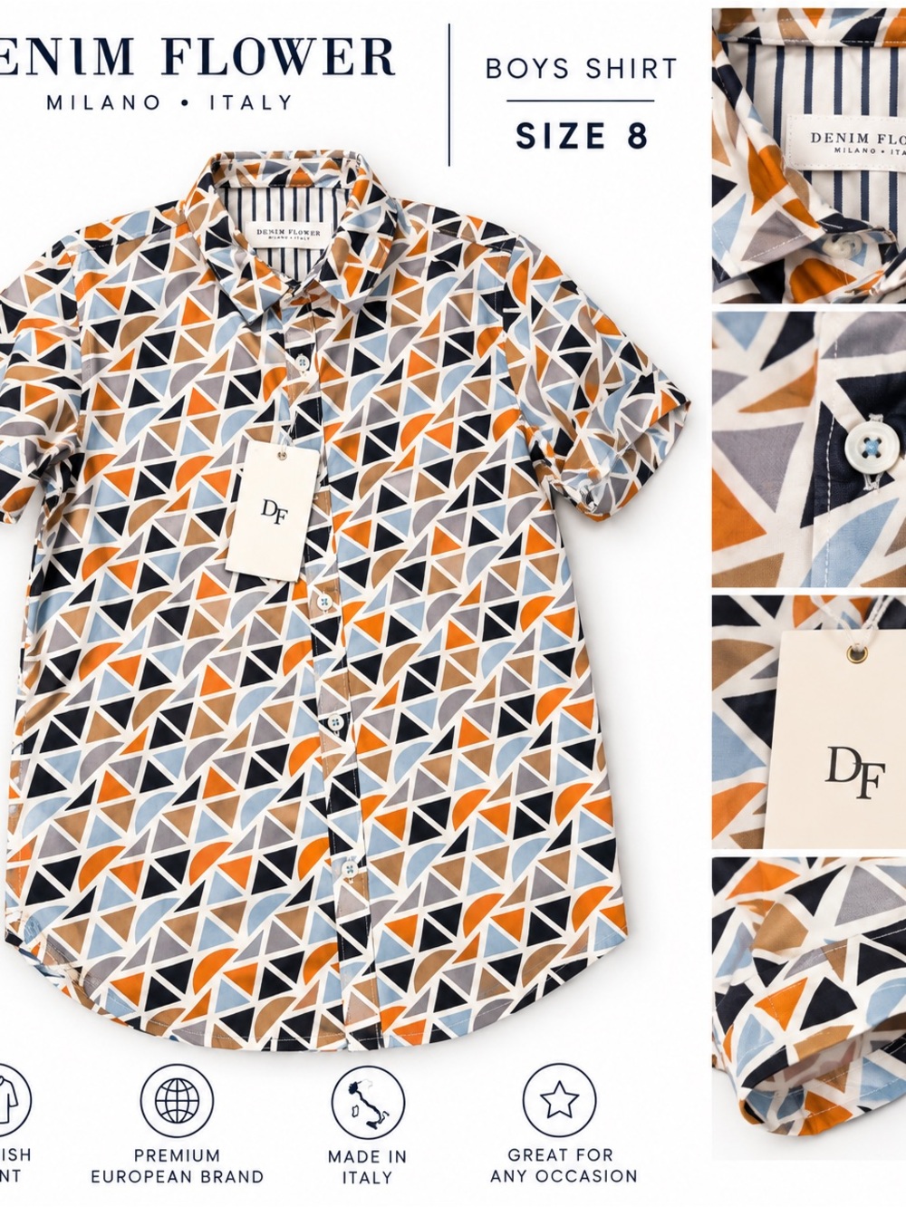 Andie Geometric Short Sleeve Shirt in Orange, Navy and Gray